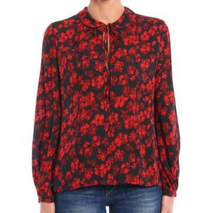 Alexander McQueen red black flower keyhole tie pleat top 100% SILK 46